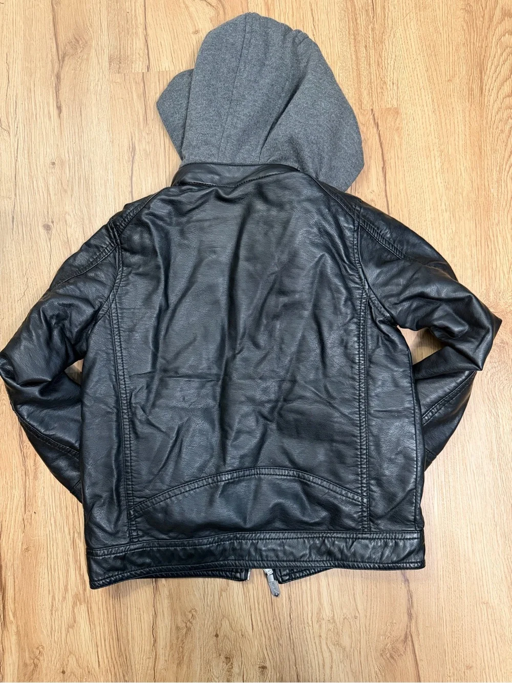 Black Rivet Kids Black Faux Leather Jacket with Gray Hood